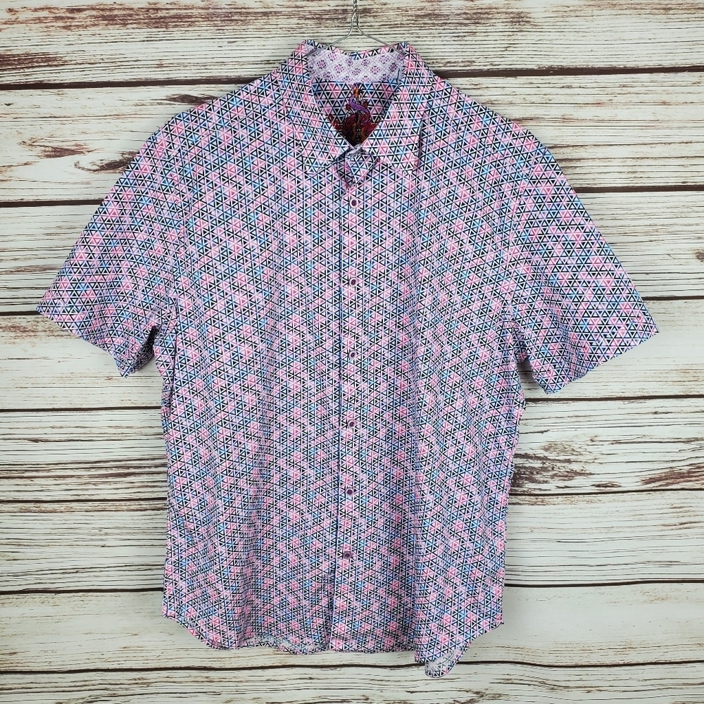 Robert Graham Mens Large Russellville Short Sleeve Geometric Button Down Shirt